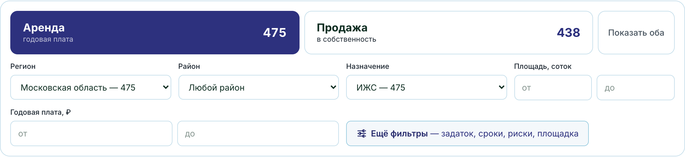 Панель фильтров каталога: переключатель аренды и продажи с числом лотов у каждого, выбор региона, района, назначения и площади