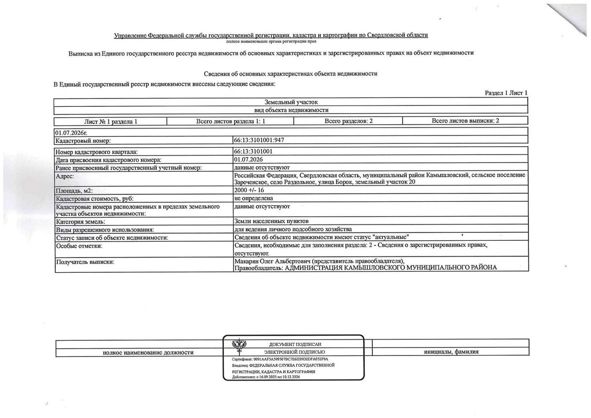 Продажа участка 20 сот. под ЛПХ — Свердловская область (3101001:947)